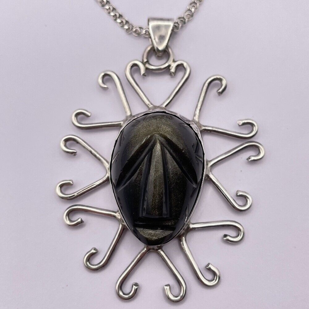Vintage Taxco Miguel Garcia Warrior Face Pendant Necklace Golden Sheen Obsidian